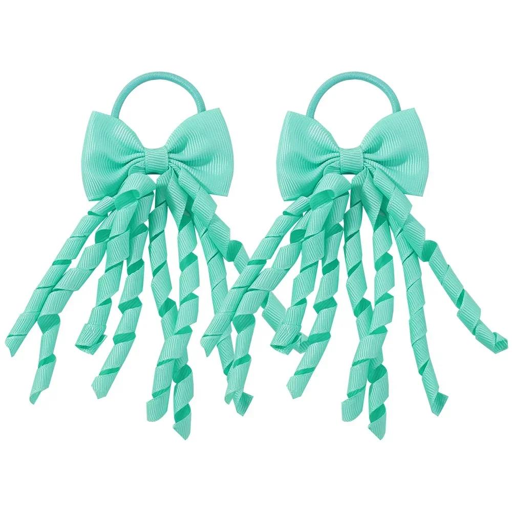 RAINBOW BOWS Grosgrain Ribbon Long Hair Ties Bows for Baby Girls Curly Hair Bows Elastic Colorful Kids Hair Band 2Pcs/lot Whole