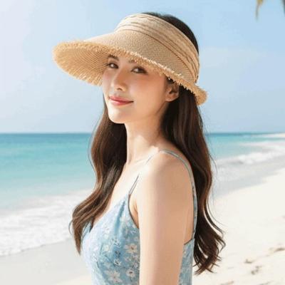 Draagbare Stro Vizierpet Effen Kleur Polyester Zonbescherming Lege Top Hoed Ademend Veelzijdig Opvouwbare Zonneklep Hoed Strand