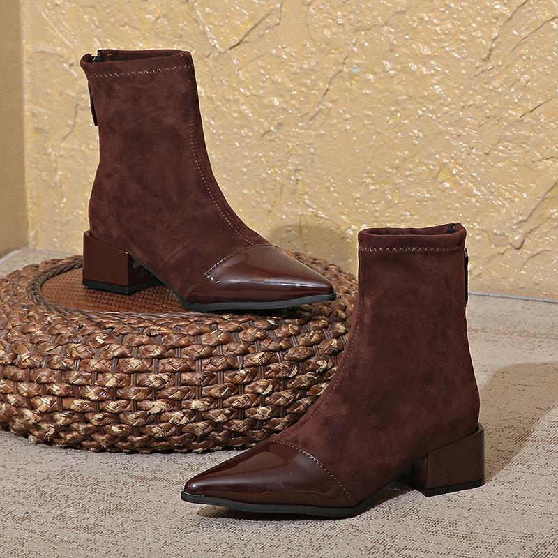 Mote Høst Vintage Slankende Dame Ankelstøvletter Damer Konsise Spisse Lav Hæl Korte Botas Zapatos De Mujer