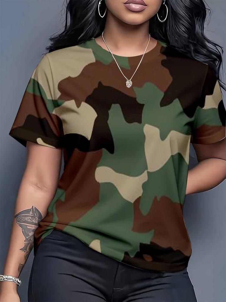 Women's Plus Size Camo Print Casual T-Shirt, Crew Neck, Allover Print