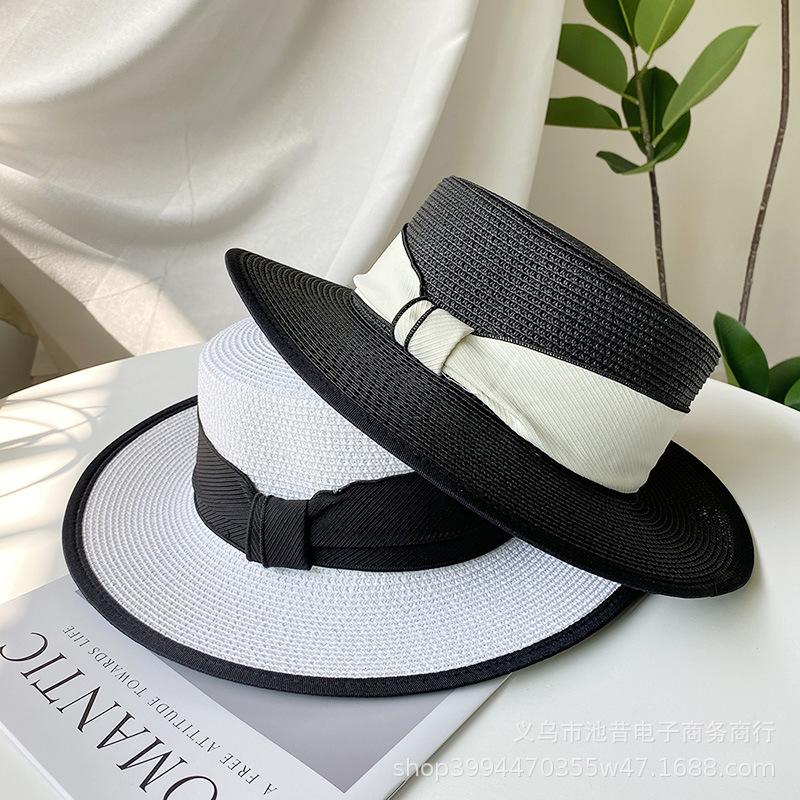 French Flat Top Straw Hat Children's Summer New Straw Top Hat Seaside Sunshade Sunscreen Hat Beach Sun Hat