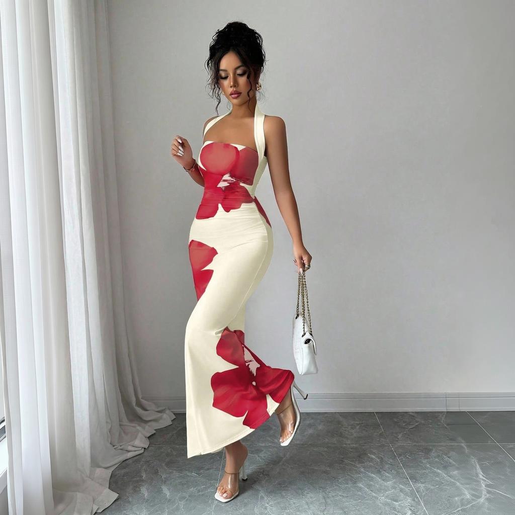 Women's Halter Neck Backless Bodycon Maxi Dress Floral Print Sleeveless Summer Long Dress