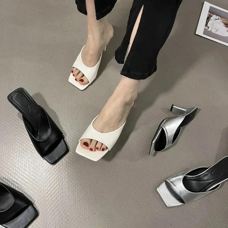 New Summer Women Sandals Square Toe Ladies Heel Mules Sexy High Heels Sandal Slippers Female Fashion Designer Woman Shoes