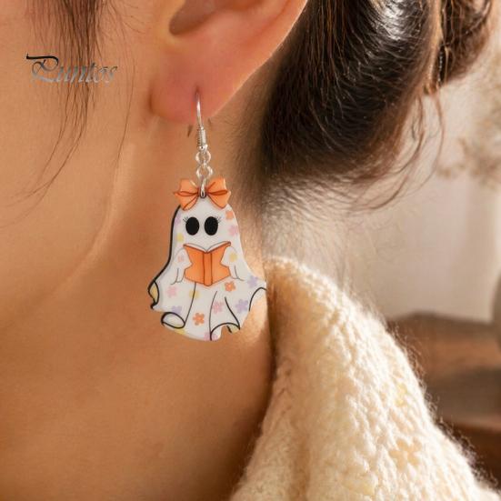 Cute Halloween Jewelry Reading Ghost Earrings, Sweet Bowknot Drop Lightweight Acrylic Earrings for Women Girls