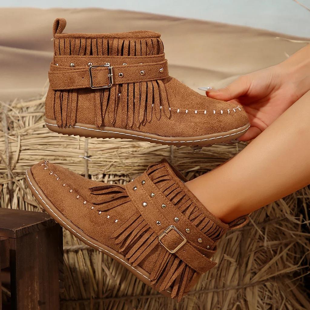 Jednokolorowe Kozaki Western Damskie z Dekoracją z Frędzli w Stylu Retro Zapinane na Klamrę Płaskie Buty Kobieta Zimowe Wygodne Ciepłe Pluszowe Botki do Kostki
