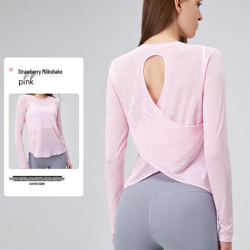 Bamboo Slub Loose Long Sleeve Yoga Top - Breathable, Hollow-Out Back, Slimming Cover-Up for Women