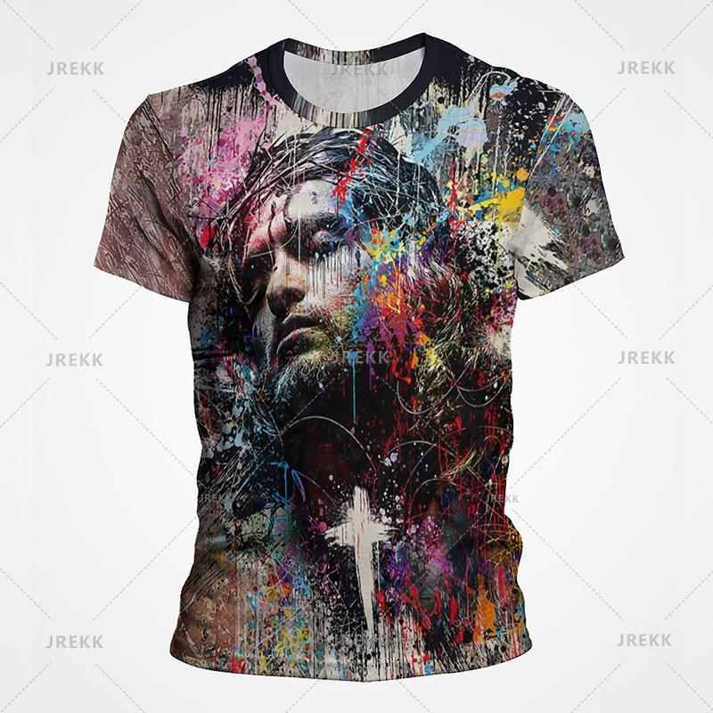 Summer Round Neck 3D Christ Jesus Print Top Fashionable Casual Short Sleeved Men's T-shirts