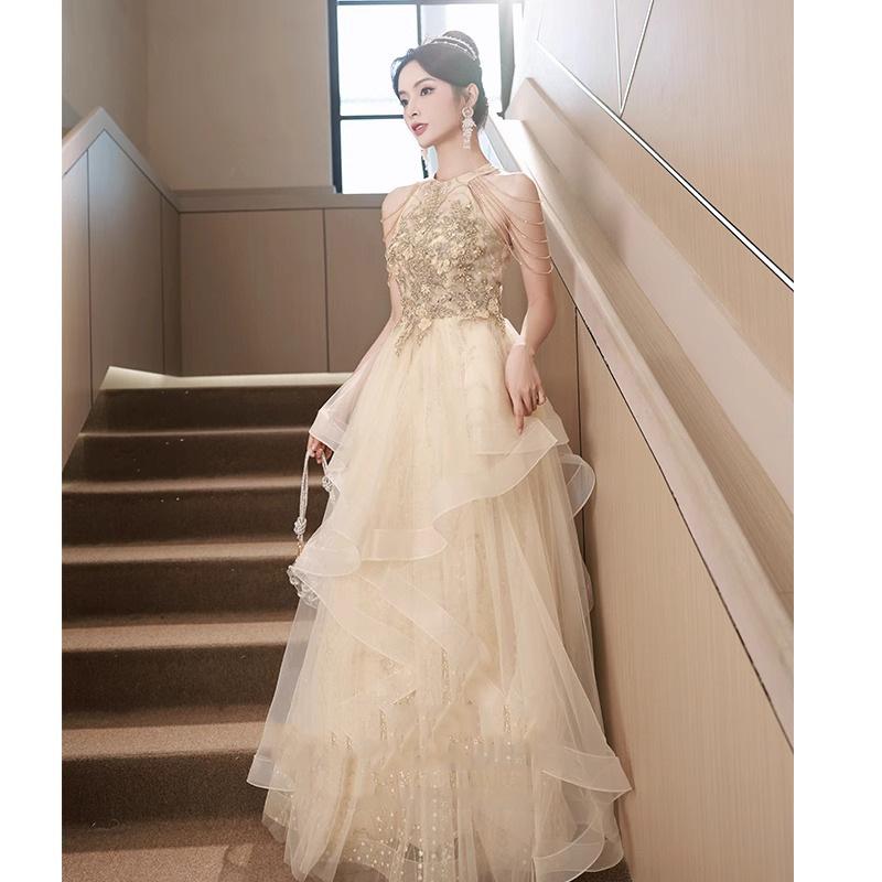 Champagne evening dress banquet elegance temperament beautiful host high sense light luxury niche high-end adult dress