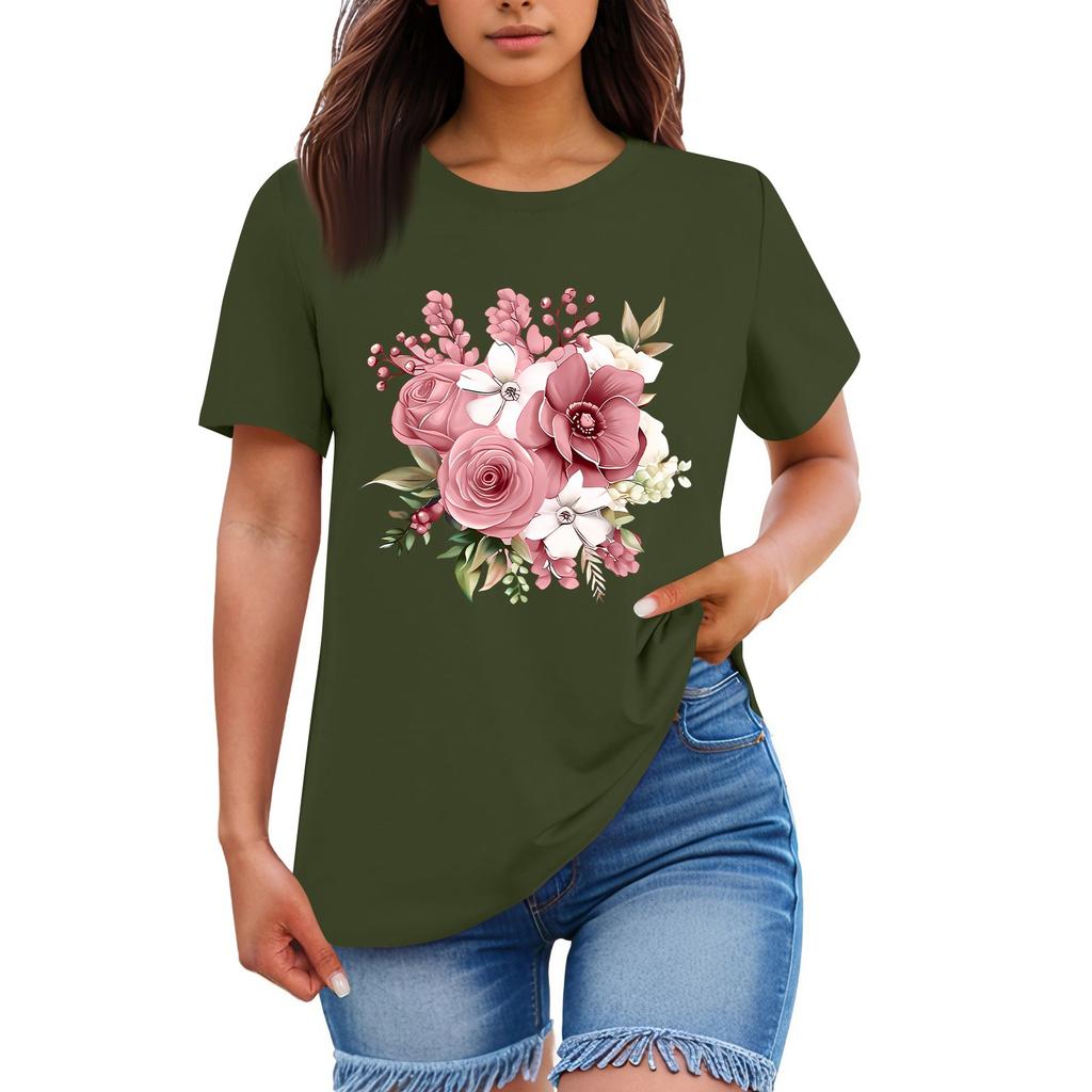 Ladies' Loose Comfortable Casual Fashionable Plant Flower Printed Round Neck Short Sleeved Shirt