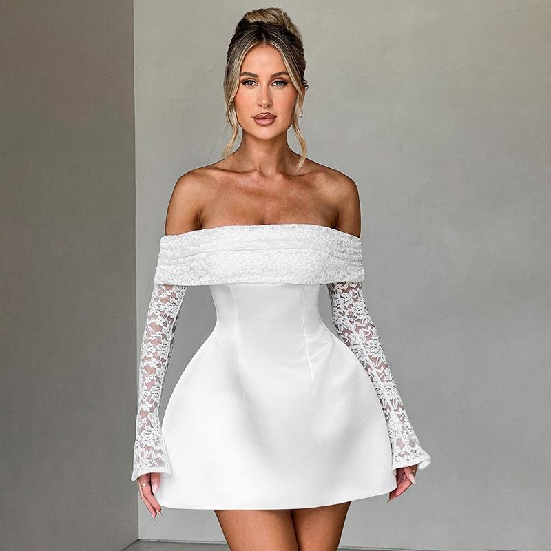 

European and American women s clothing summer new temperament one-word shoulder long sleeves sexy slim lace short dress S белый