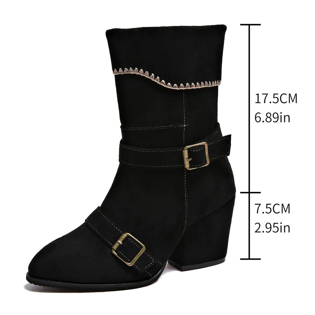 Women's new fashion boots autumn and winter new belt buckle flip large size medium tube pointed Martin boots in stock