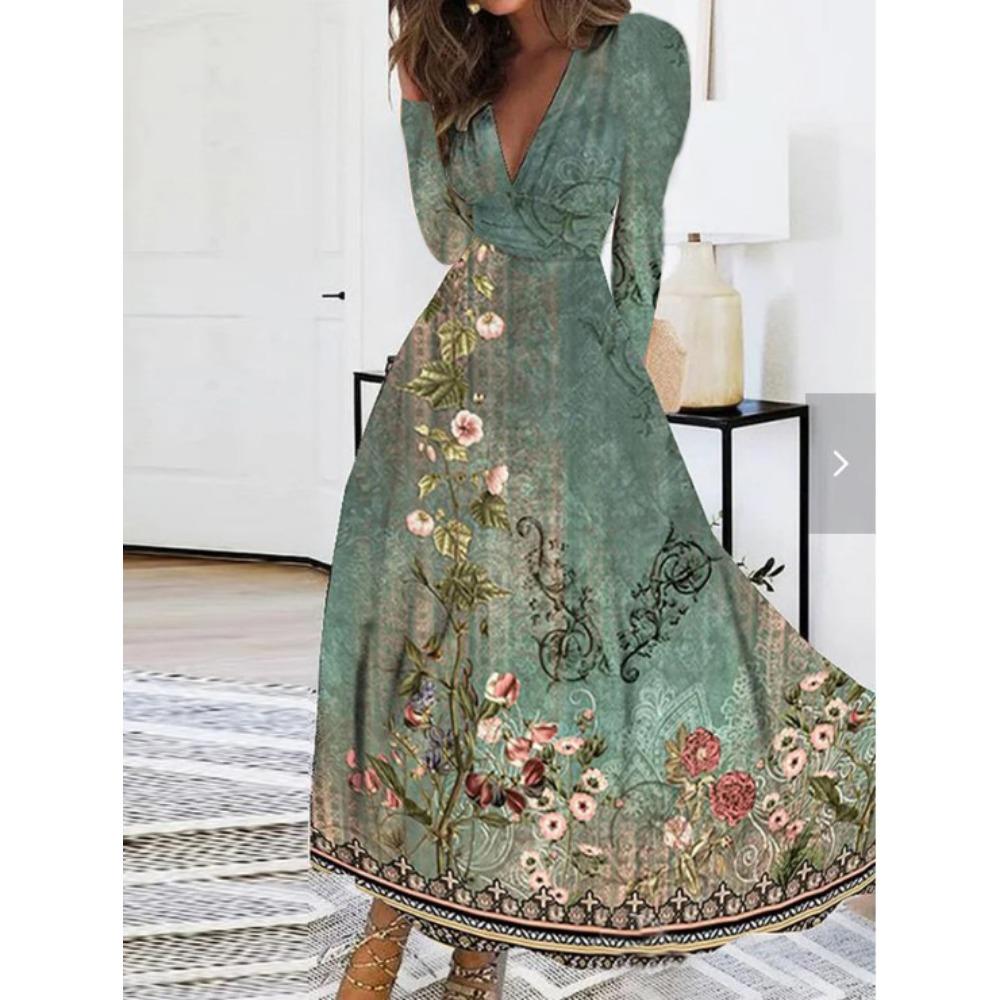 JPNTKY Women's Fashion Autumn Winter Floral Print Long Sleeve V-Neck Casual Dresses