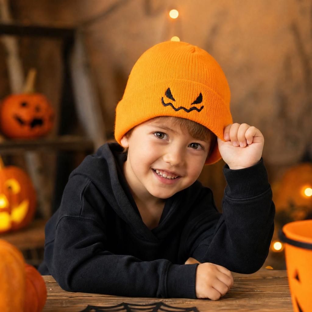 Unisex Halloween Pumpkin Knit Hat with Embroidered Devil, Fall Winter Novelty