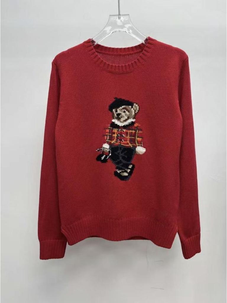 2025 R.L Wool Blend Cartoon Bear Round Neck Sweater - Women's Autumn/Winter Versatile Embroidered Style