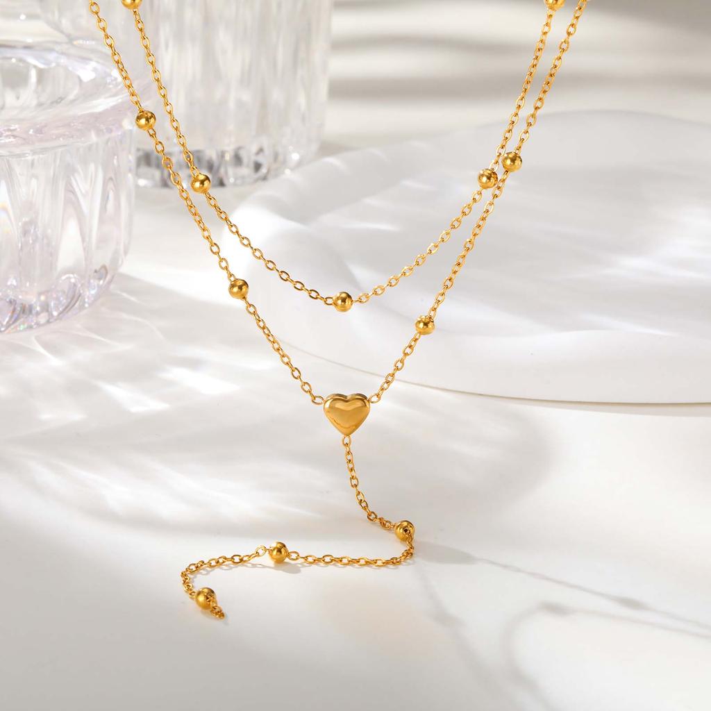 Dainty Bead Chain Zircon Heart-shaped Necklace for Women,Stainless Steel Flower Tassel Double Layer Y-shaped Necklaces Jewelry