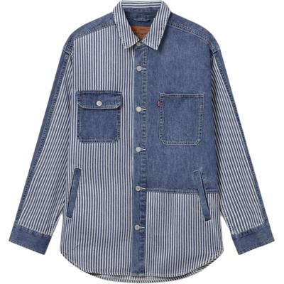 Giacca in denim a maniche lunghe con colletto a righe casual da uomo, blu e bianca 003MO-0000