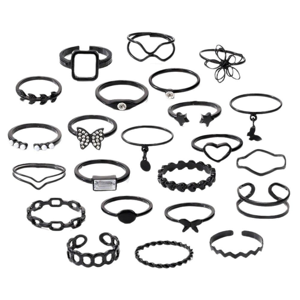 23-Piece Set: Black Butterfly Diamond & Pearl Knuckle Rings for Women