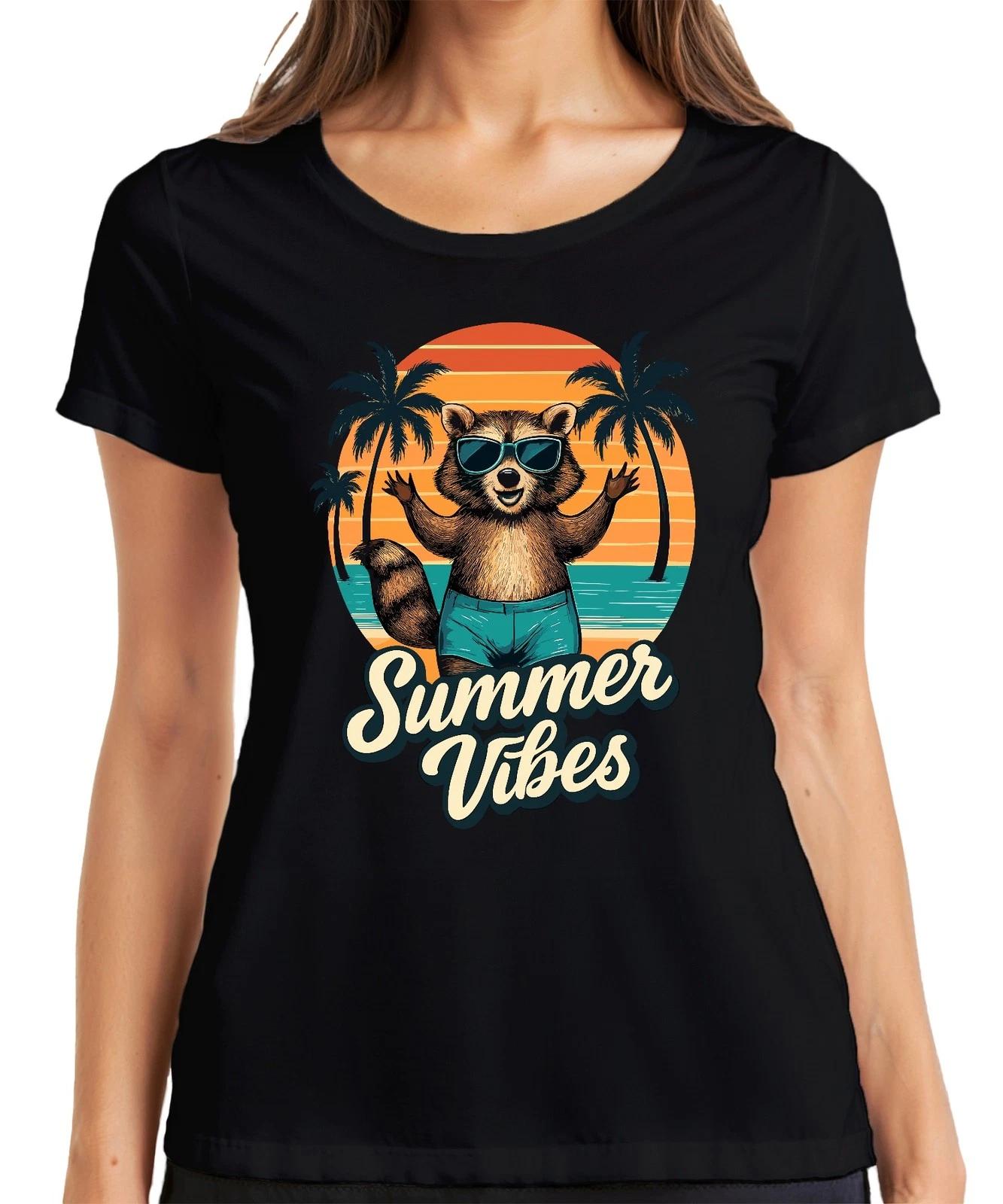 Summer Vibes Waschbär Sonnenbrille Strand Palmen Retro Vintage Damen T-Shirt XXXL