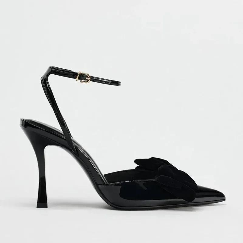 Fashion Elegant Bow Designer Black High Heels Women Sexy Pointed Toe Patent Leather Ankle Strap Thin Heeled Sandals Party Dress Shoes