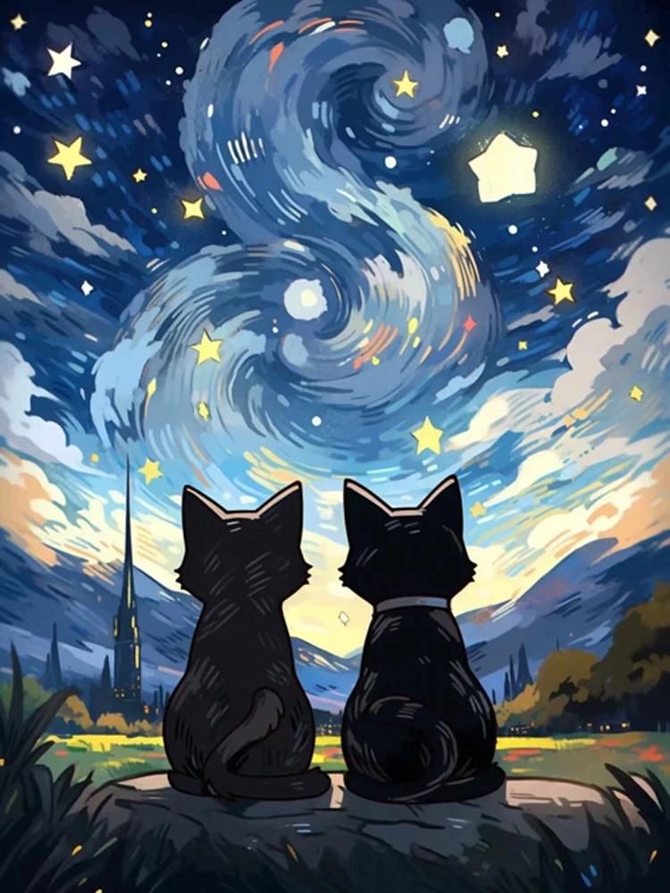 Abstrakt Stjärnhimmel och Svart Katt Affischer och Tryck Canvas Målning Väggkonst Bilder För Vardagsrum Hem Mural Dekoration Gåva