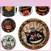 Artistic Round Wooden Home Decor Sign For Halloween Showcasing Playful Black Cat Pumpkin And Ghost Themes