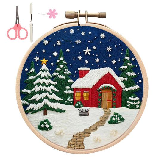 Christmas Embroidery Kit Winter Landscape Embroidery Starter Kit Santa Claus Embroidery Craft Set with Pattern Threads Needles for Beginners Adults