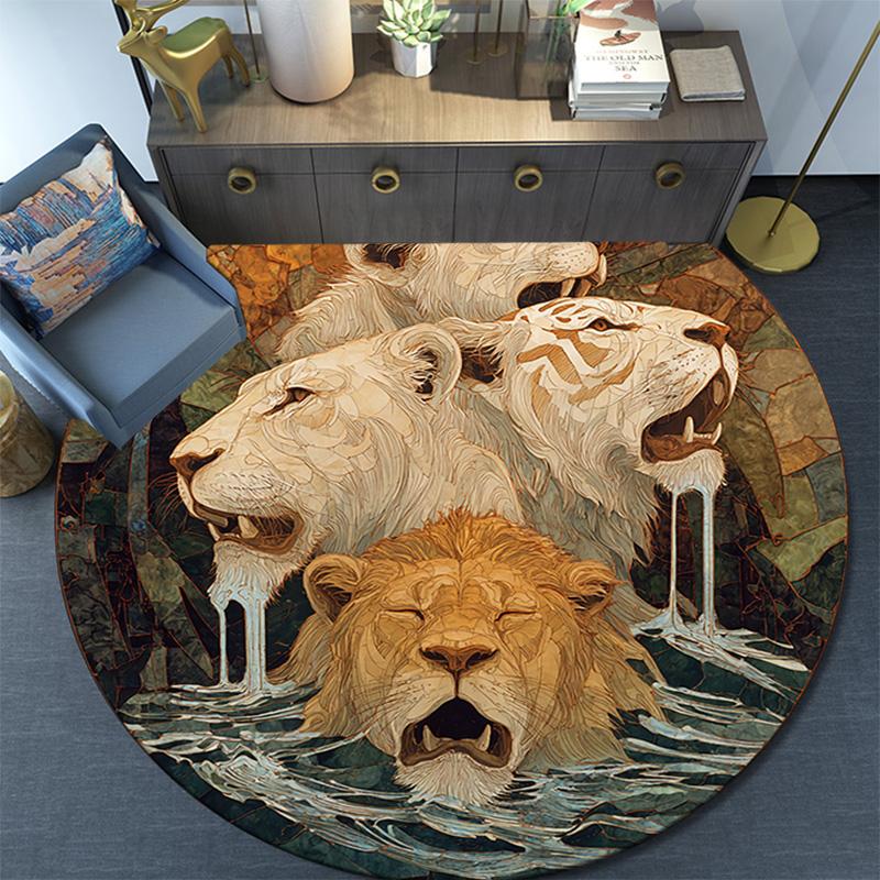 Lions Round Area Rug,Carpet Rug for Living Room Bedroom Sofa Playroom Decor,Non-slip Floor Mat