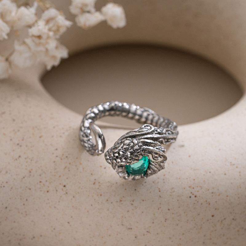 JMXD-trendy Fashion, Ring, Inlaid with Green Zircon Silver-plated Tail Ring Viper Magic Wind