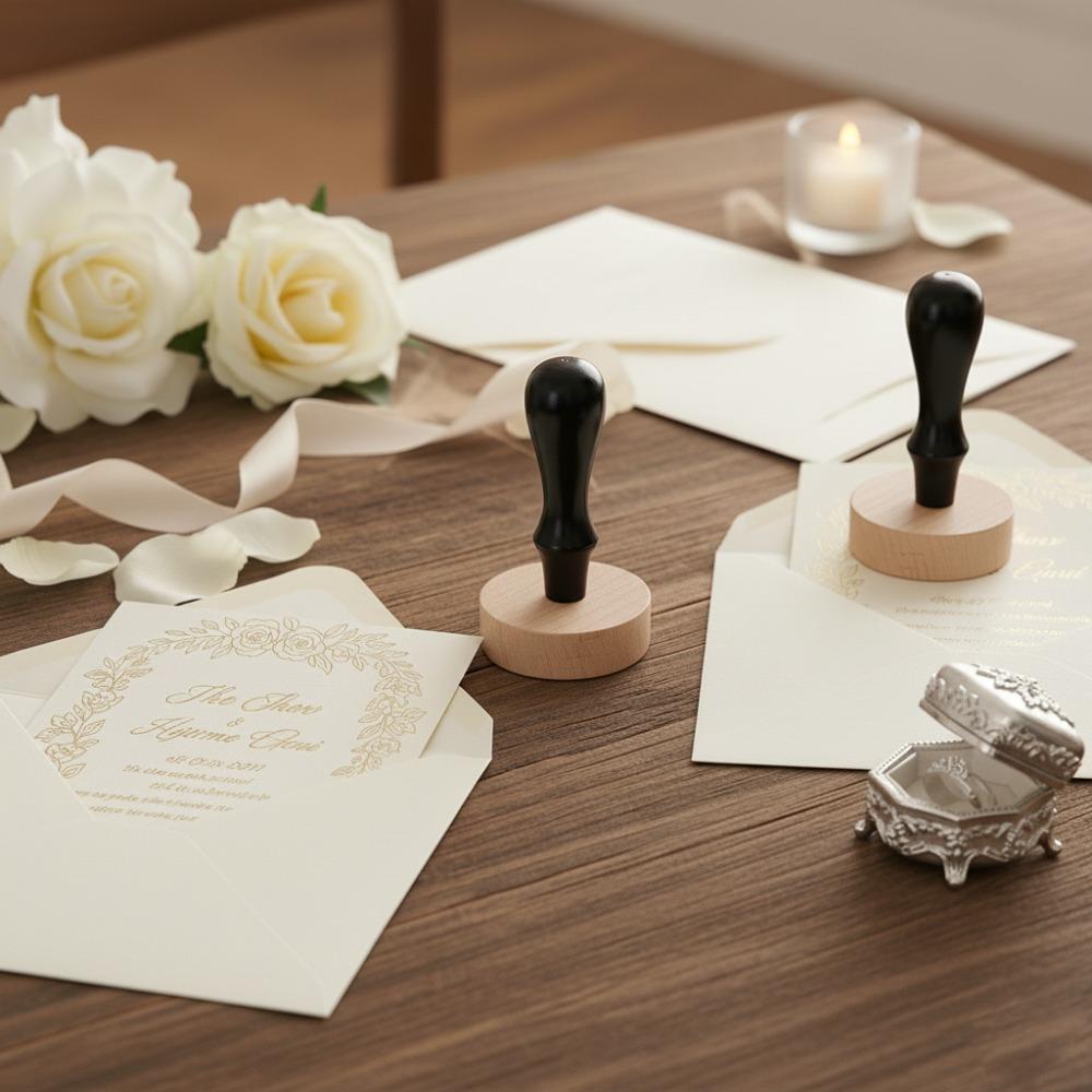 Custom Round Wooden Wedding Stamp, Personalized Monogram Seal for Couples, Engagement & Marriage Celebration for Invitations, Thank You Cards