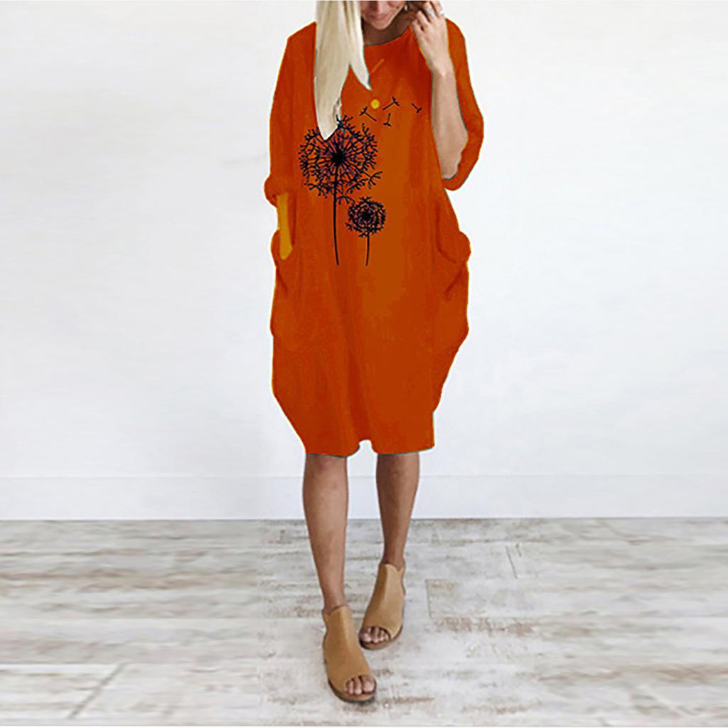 Women's Casual Loose Fit Pullover Dress with Round Neck and Pockets Featuring Printed Floral Design Comfortable Everyday Wear