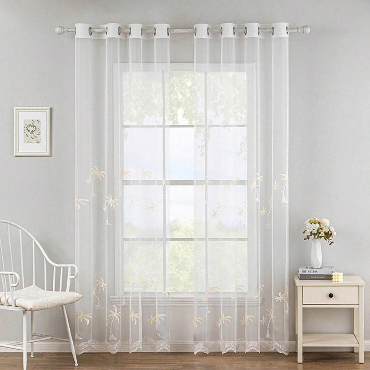 

High-Quality 1pc Beautiful Hawaiian Palm Tree Embroidered Window Opening Screens For A Breezy Summer High-Quality Home Decoration Essential Window 140X145cm&Grommet Top белый