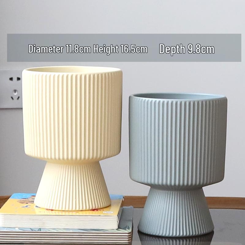 Nordic Ceramic Flower Pot with Tray - High-Footed Vertical Stripes for Indoor/ Balcony, Ideal for Pothos and Orchids.