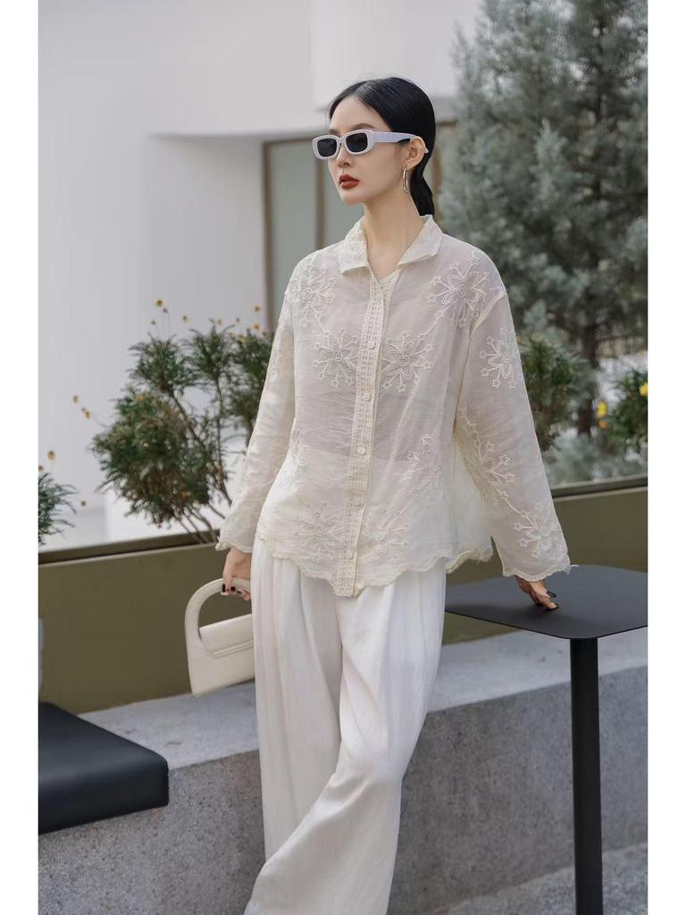 Korean Style Casual Embroidered Long Sleeve Shirt with Irregular Polo Collar