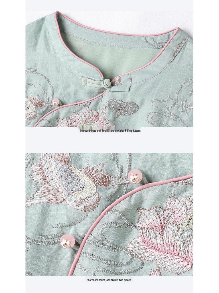 Chinese-Style Ramie Cheongsam Dress with Artistic Lotus & Fish Embroidery and Frog Buttons - Summer New Style