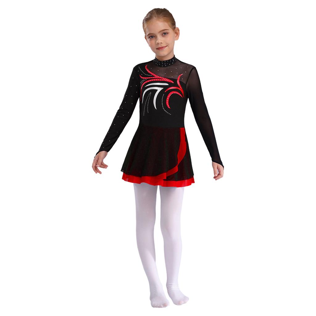 Girls Figure Skating Dress with Sparkly Rhinestones Sheer Mesh Patchwork Long Sleeve for Dance Performance