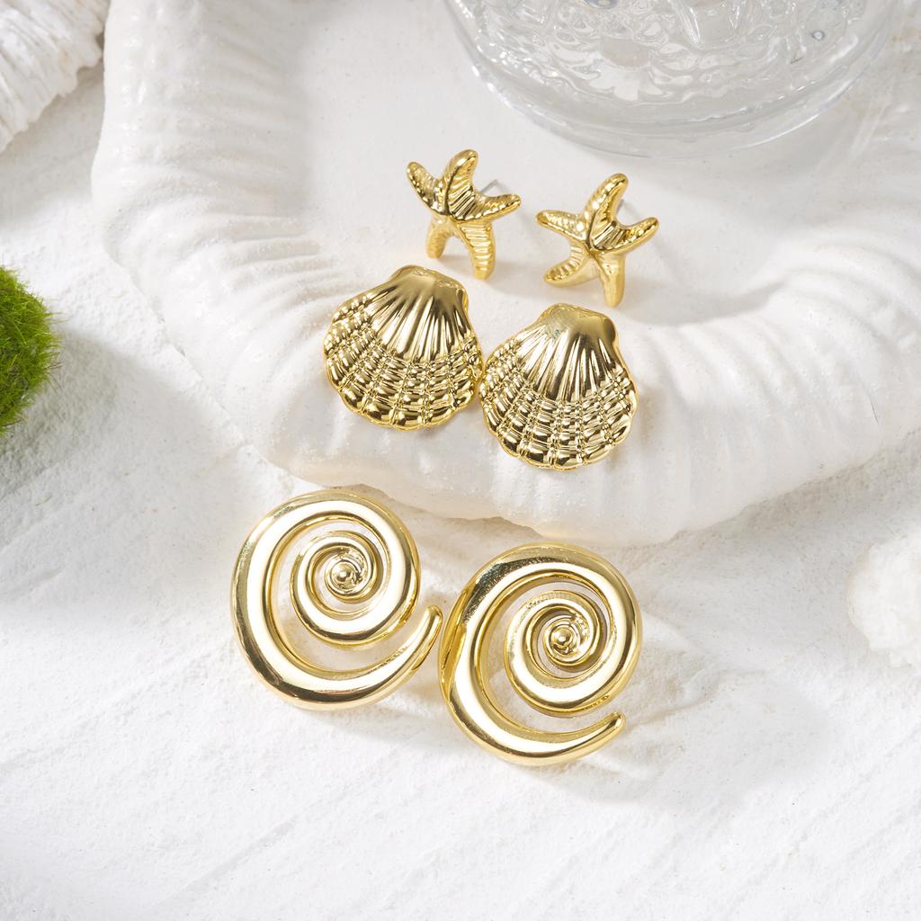 3 Pairs/Set Gold Color Shell Starfish Stud Earrings for Women Ocean Series CCB Lightweight Textured Earrings Beach Party Jewelry