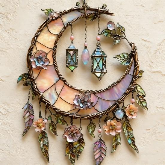Crescent Moon Floral Acrylic Suncatcher Stained Glass Effect Window Hanging Ornament Boho Sun Catcher Panel for Bedroom Garden Home Decor