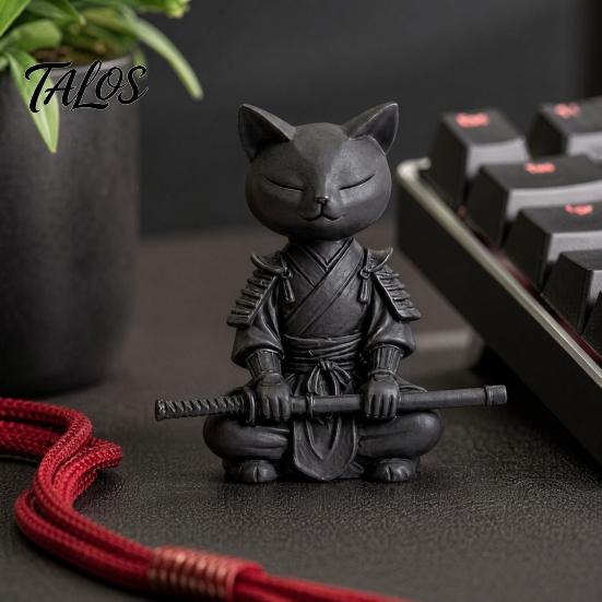 Cat Themed Home Decor 3D Printed Knight Figurine, Meditating Desk with Zen Warrior Pose, Showcase Ornament Minimalist Frosted Animal Sculpture