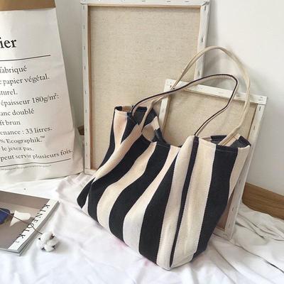 Women's Striped Large Canvas Tote Bag - Versatile Single-Shoulder Handbag