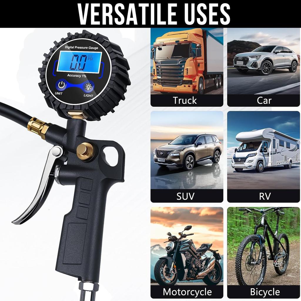 Digital Tire Pressure Gauge with Inflator, 3-250 PSI Air Compressor Accessories with Air Chuck Quick Connect Coupler, Car Attachments with Rubber