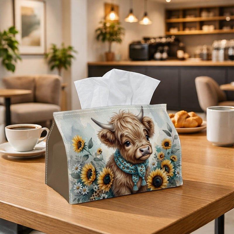 1pc Vintage Cute Animal Tissue Box, Highland Cow Sunflower Perfect for Outdoor Gatherings, Daily Desktop Use, And Suitable for Bedrooms, Living Rooms,
