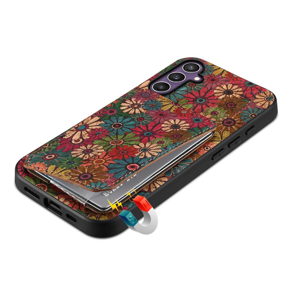 For Samsung Galaxy S25 Case with Card Holder Kickstand Flowers Design Leather Phone Cover
