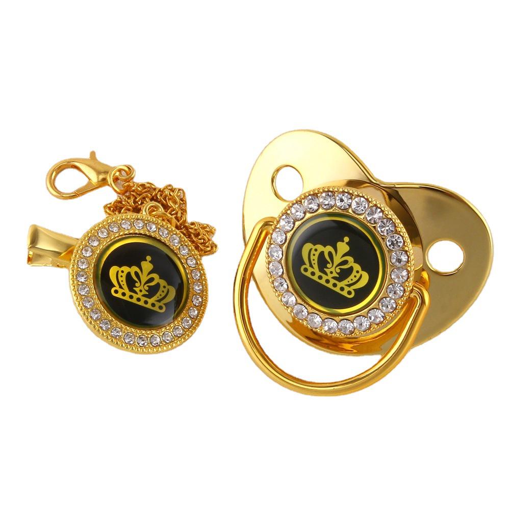 High-End Gold Diamond Baby Pacifier with Cartoon Crown and Chain Clip