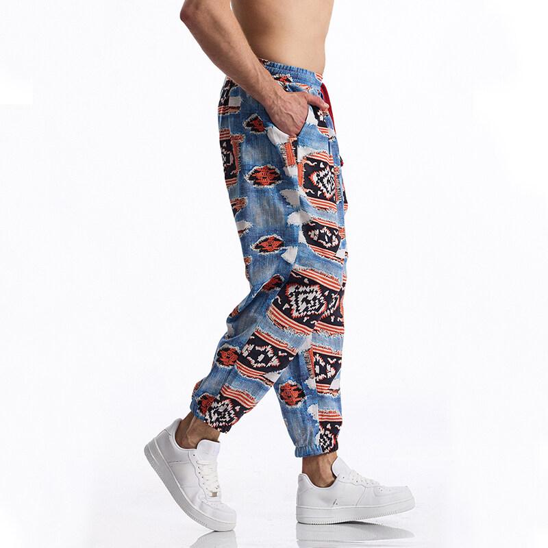 Summer Cotton Linen Men's Casual Drawstring Graphic Print Boho Tribal Vintage Pants Outdoor Activities Trousers Running Jogger