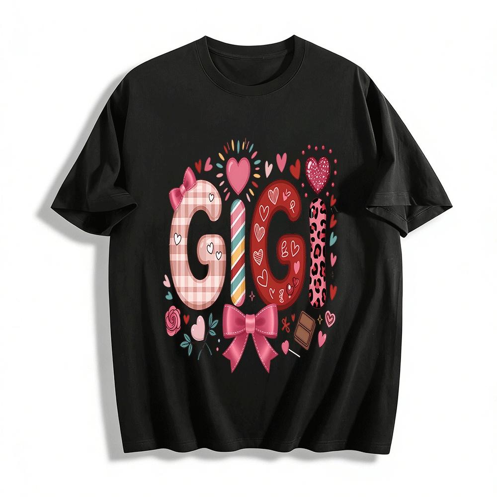 Valentines Day Gigi Print Plaid Bow Heart Casual Top Pure cotton T-shirt XXS