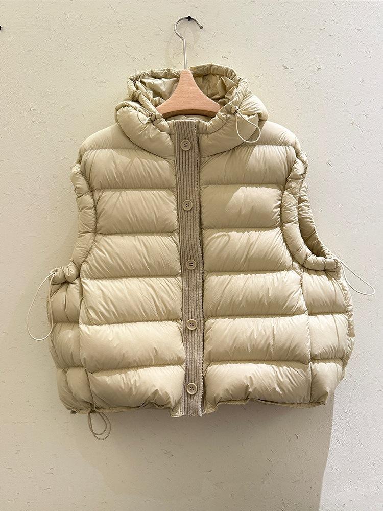 Down vest women's short winter thickened hooded white duck down jacket knitted splicing to keep warm