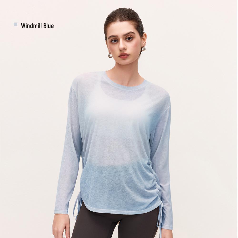 Breathable Women s Bamboo Yarn Yoga Top - Loose Fit, Round Neck, Drawstring Hem, Long Sleeve Cover-Up. L