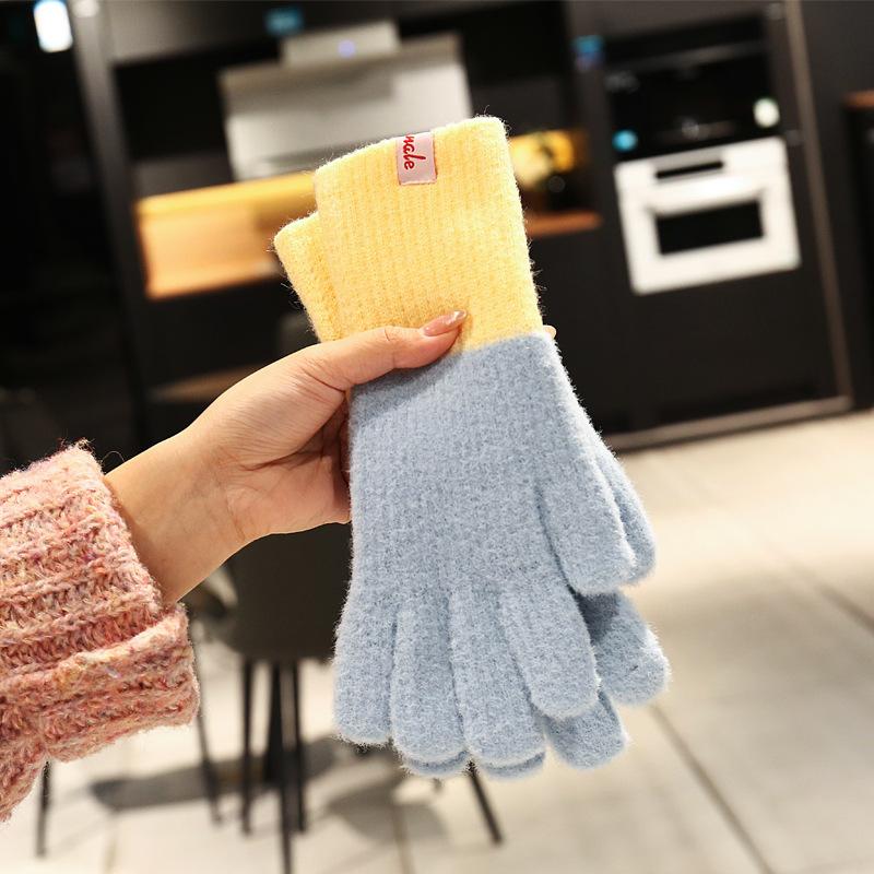 Blue knitted plush gloves for women's winter 2025 new plush warm riding thickened and cold-proof