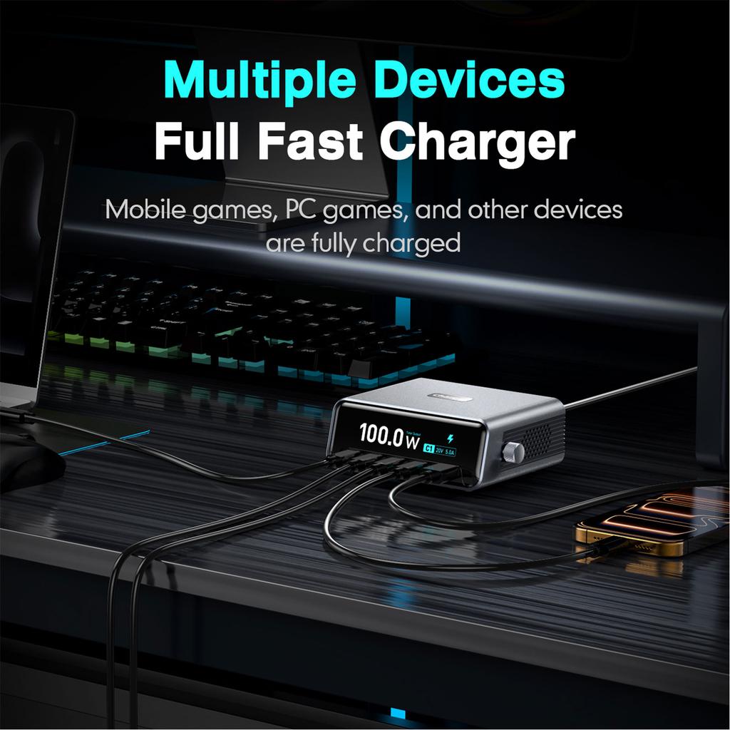 265W GaN Charger 5 Port Fast Charging Station with 2.3 Inch High Definition Screen Smart Power Display