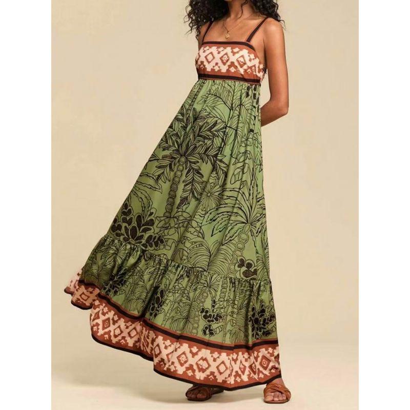 

Summer European and American Style Women Dress Women s Clothing Fashion Trendy Spaghetti-Strap Floral Print High Waist Big Swing Long Dress Olive green M